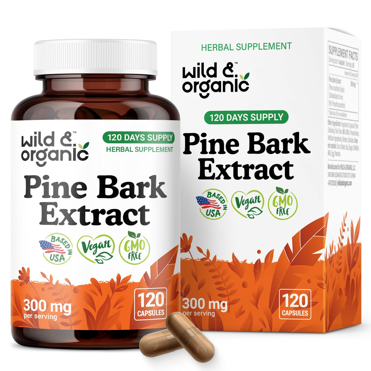 Wild and Organic Pine Bark Extract Capsules bottle with vegan, non-GMO formula for daily antioxidant support.