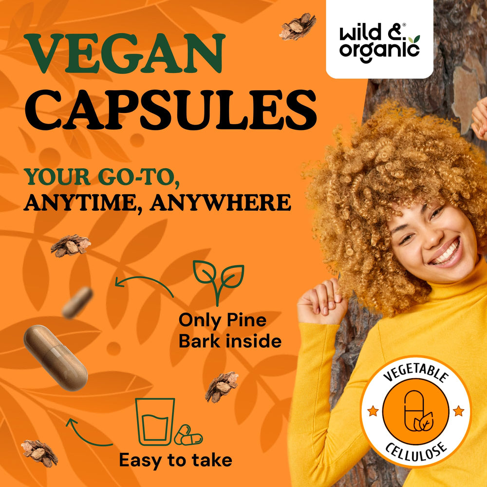 Ingredients: Wild and Organic Pine Bark Extract Capsules with plant-based materials and no artificial additives.