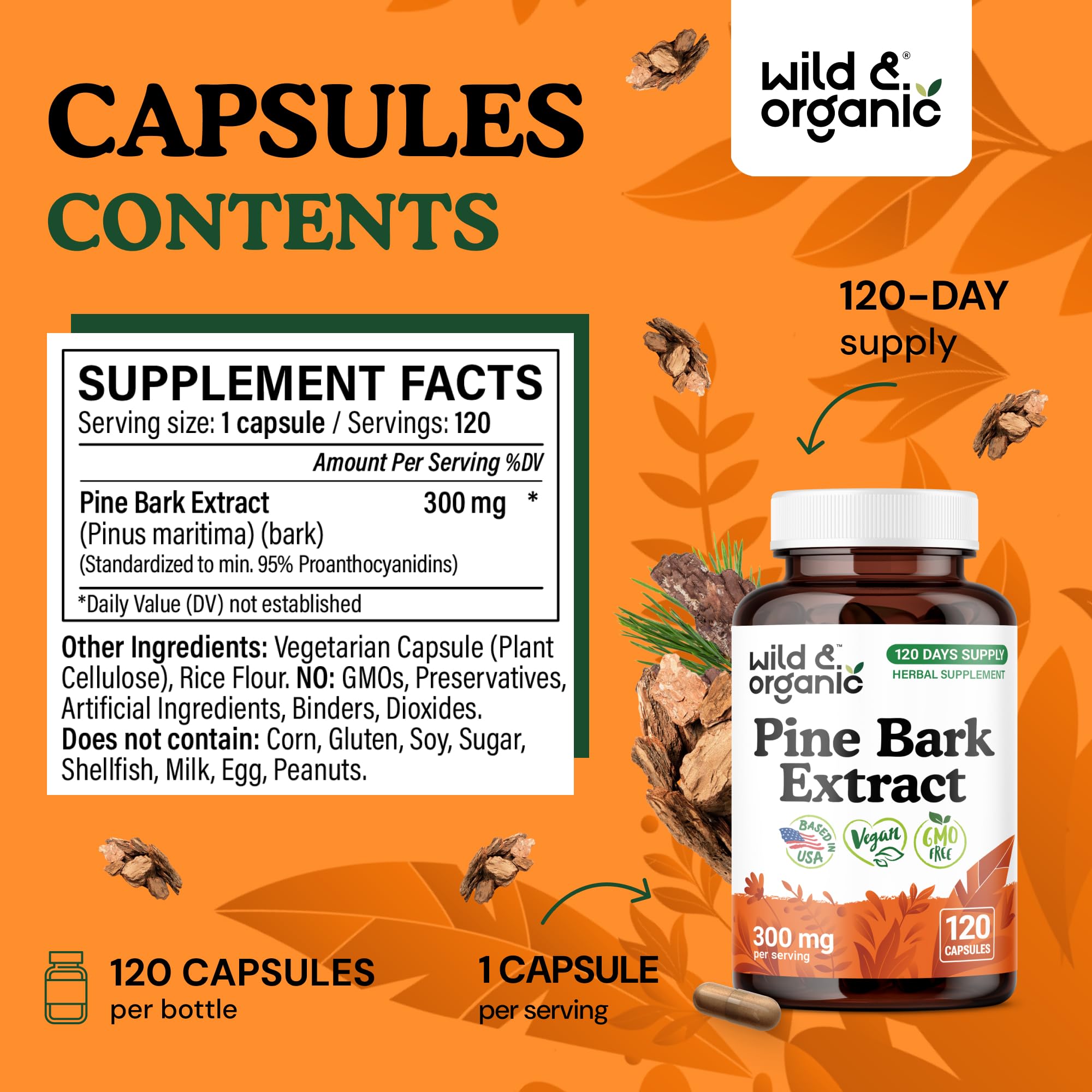 Packaging of Wild and Organic Pine Bark Extract Capsules highlighting 120-count bottle and vegan formulation.