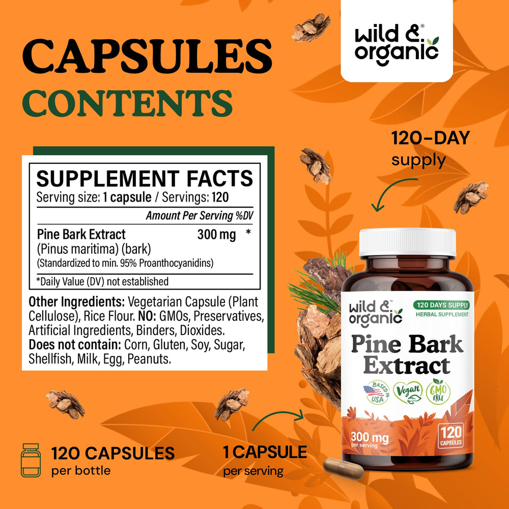 Packaging of Wild and Organic Pine Bark Extract Capsules highlighting 120-count bottle and vegan formulation.