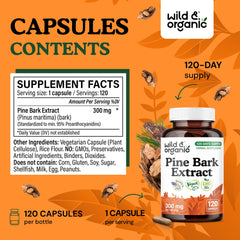 Packaging of Wild and Organic Pine Bark Extract Capsules highlighting 120-count bottle and vegan formulation.