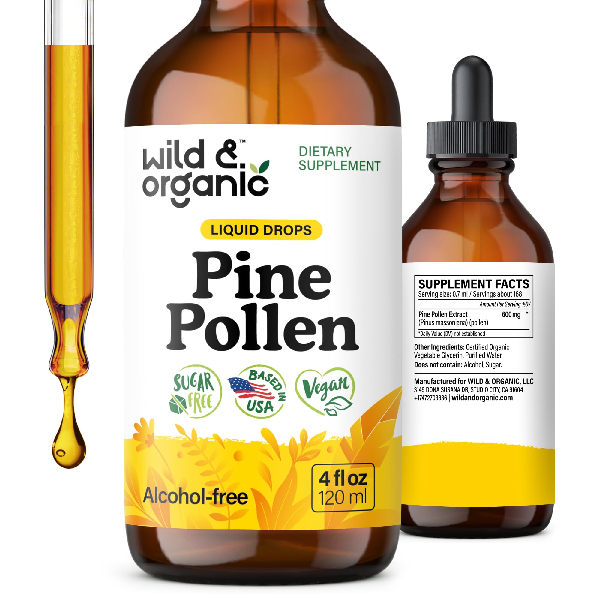 Wild & Organic Pine Pollen Tincture bottle on desk, vegan and alcohol-free for daily wellness