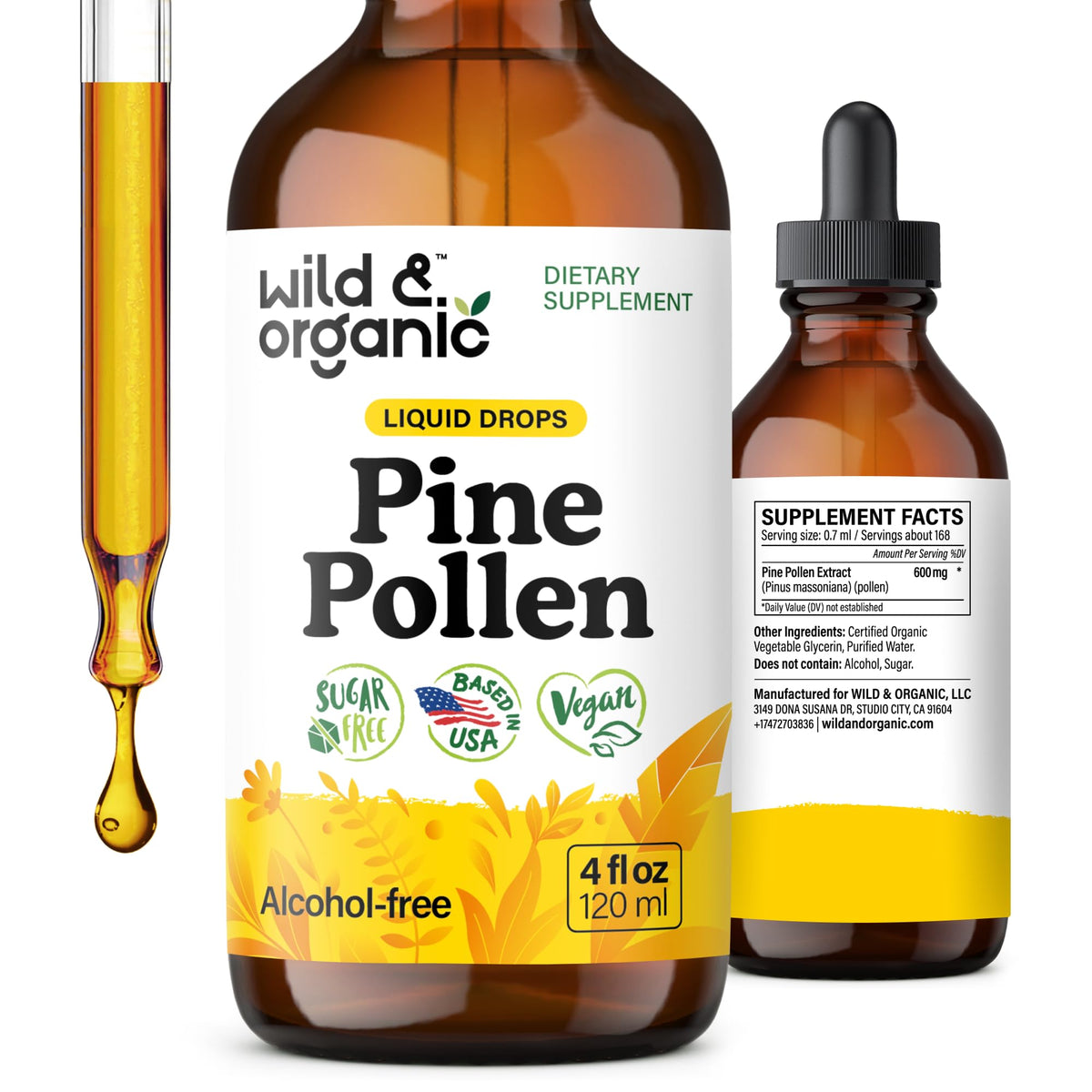 Wild & Organic Pine Pollen Tincture bottle on desk, vegan and alcohol-free for daily wellness