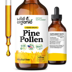 Wild & Organic Pine Pollen Tincture bottle on desk, vegan and alcohol-free for daily wellness