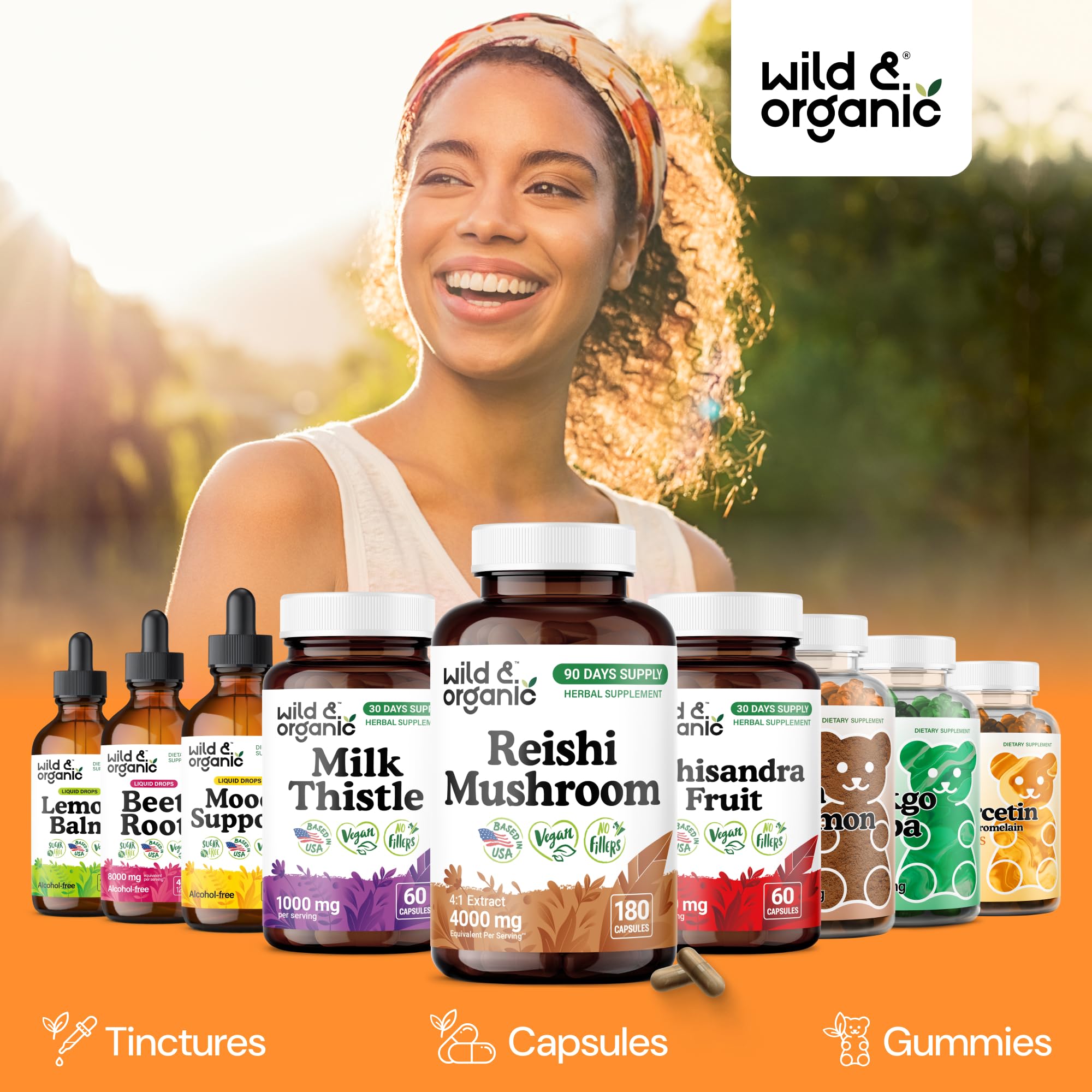 Wild & Organic Reishi 90-day supply graphic with two capsules daily usage guidance.