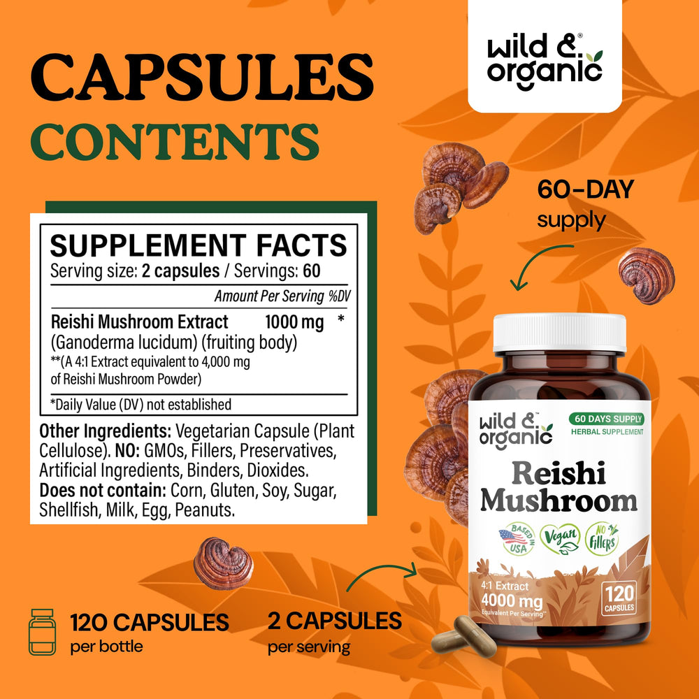 Close up of Wild & Organic Reishi capsules label highlighting vegan non-GMO formula