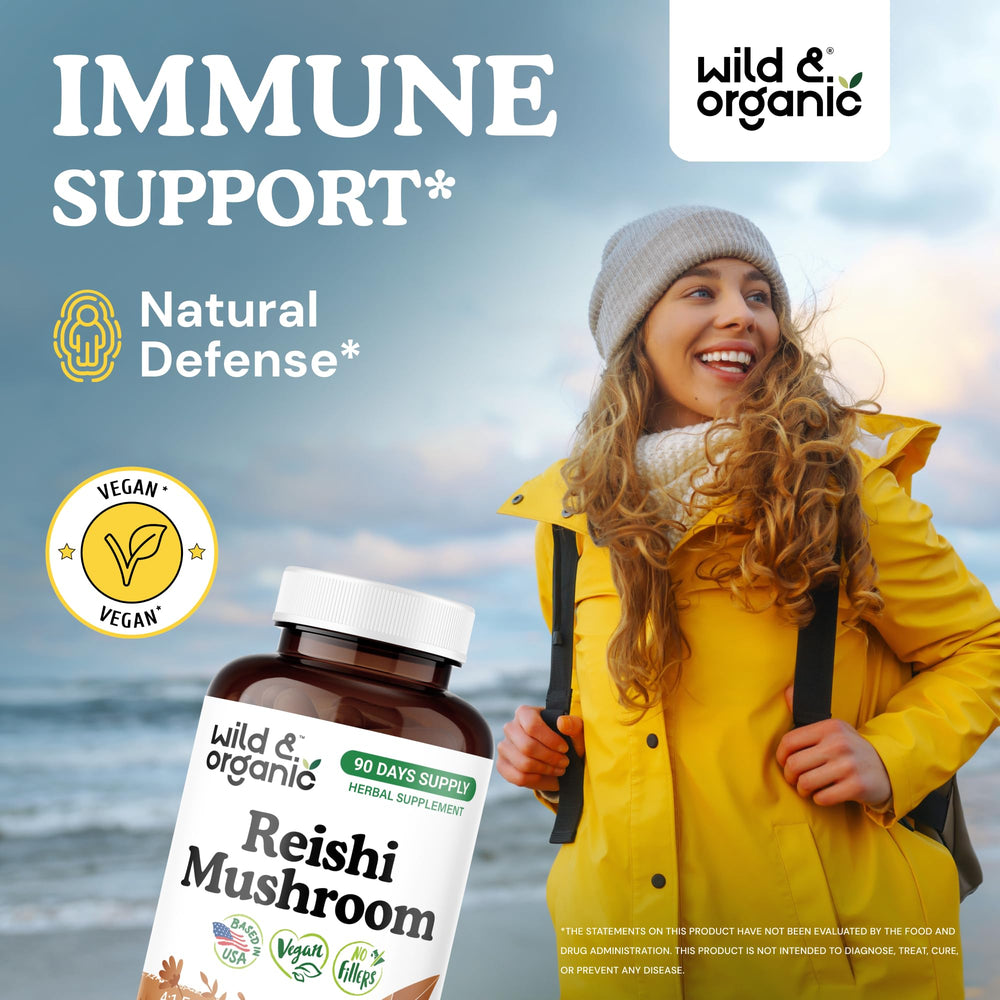 Wild & Organic Reishi label detail highlighting vegan, non-GMO, gluten-free ingredients for clean use.