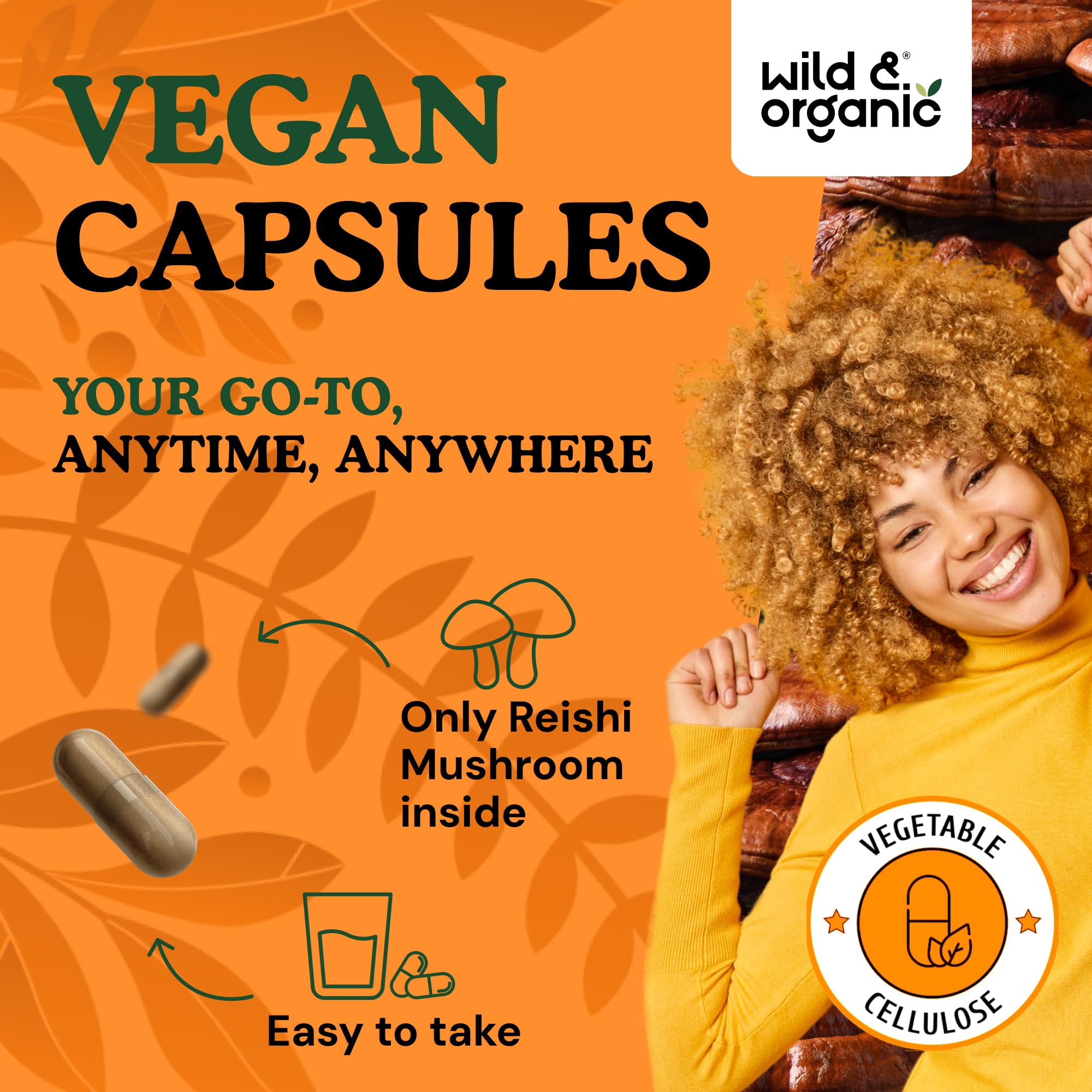 Wild & Organic Reishi capsules with plant based coating for vegan gluten free use