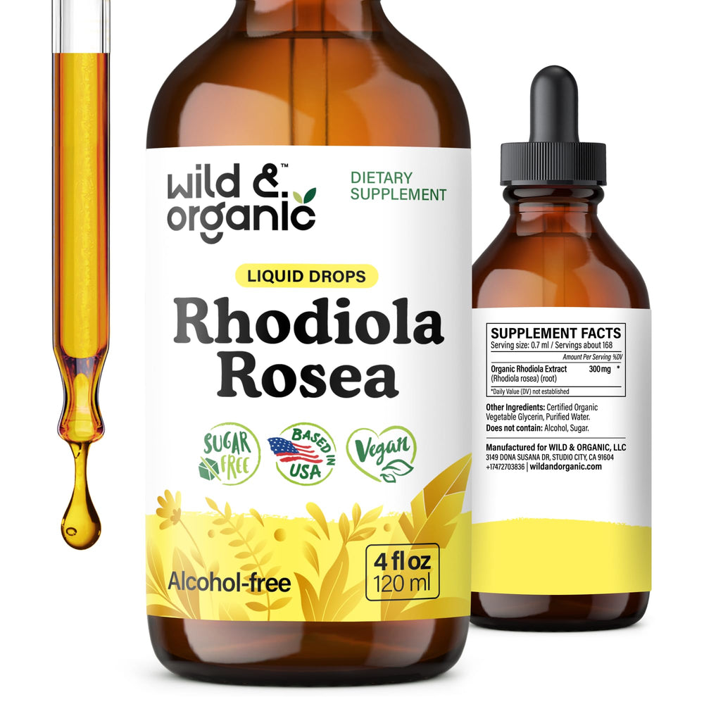 Wild & Organic Rhodiola tincture bottle showing mood-support benefits and vegan formula