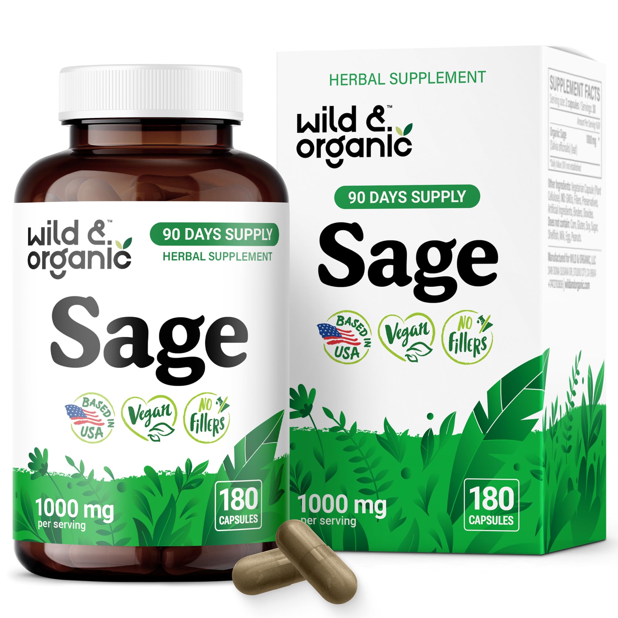 Wild & Organic sage capsules bottle front showing product details and packaging for easy daily use