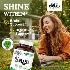 Wild & Organic sage capsules being poured to illustrate easy daily intake