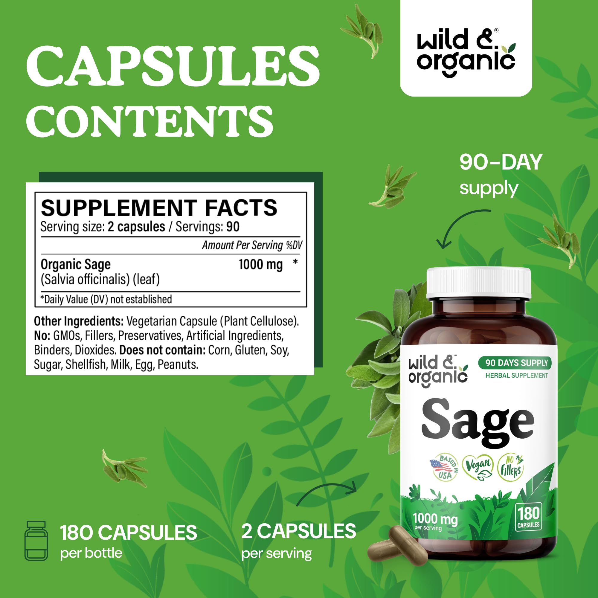 Wild & Organic sage leaves extract capsules highlighting vegan plant-based formula