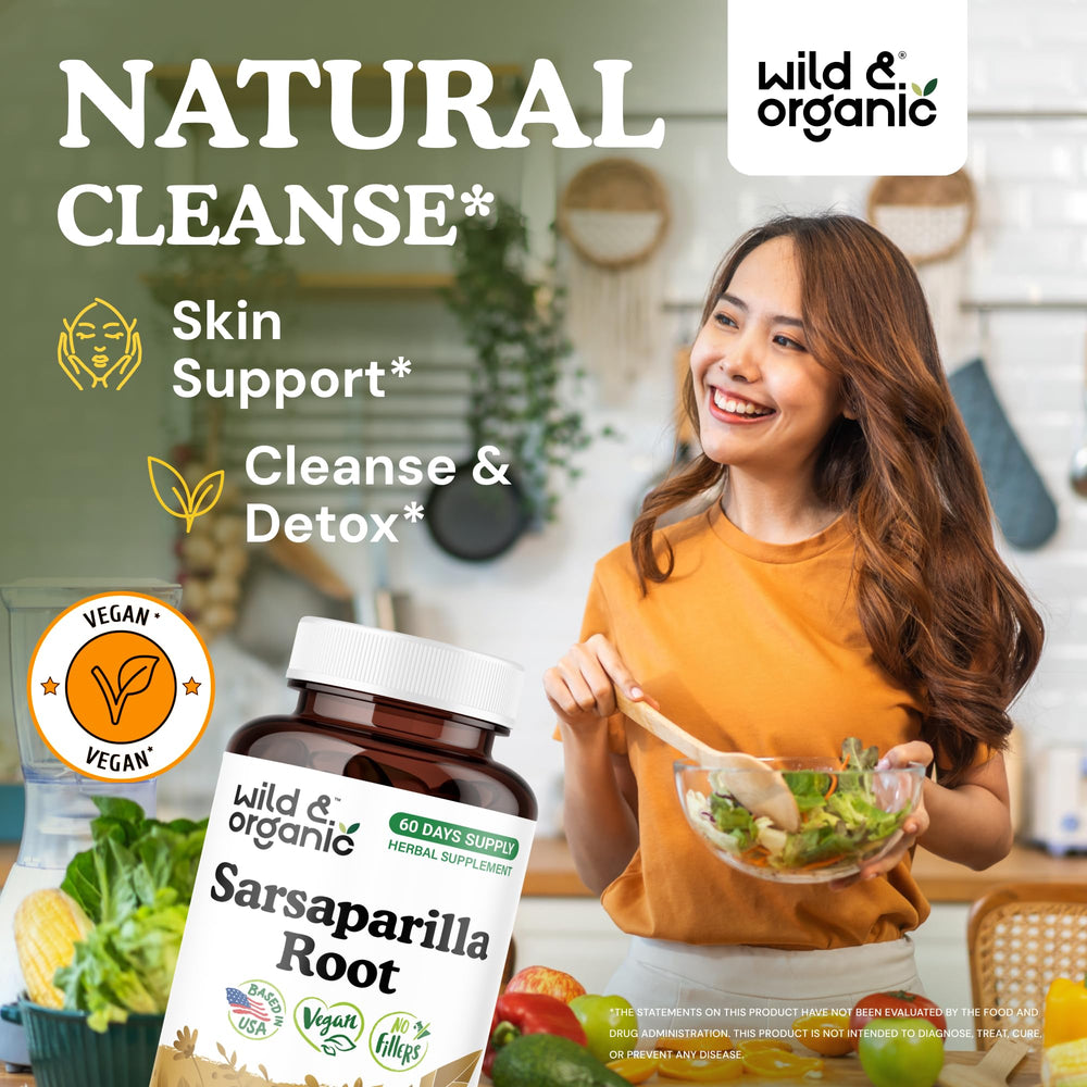 Wild & Organic sarsaparilla capsules bottle shows 1000 mg per serving.