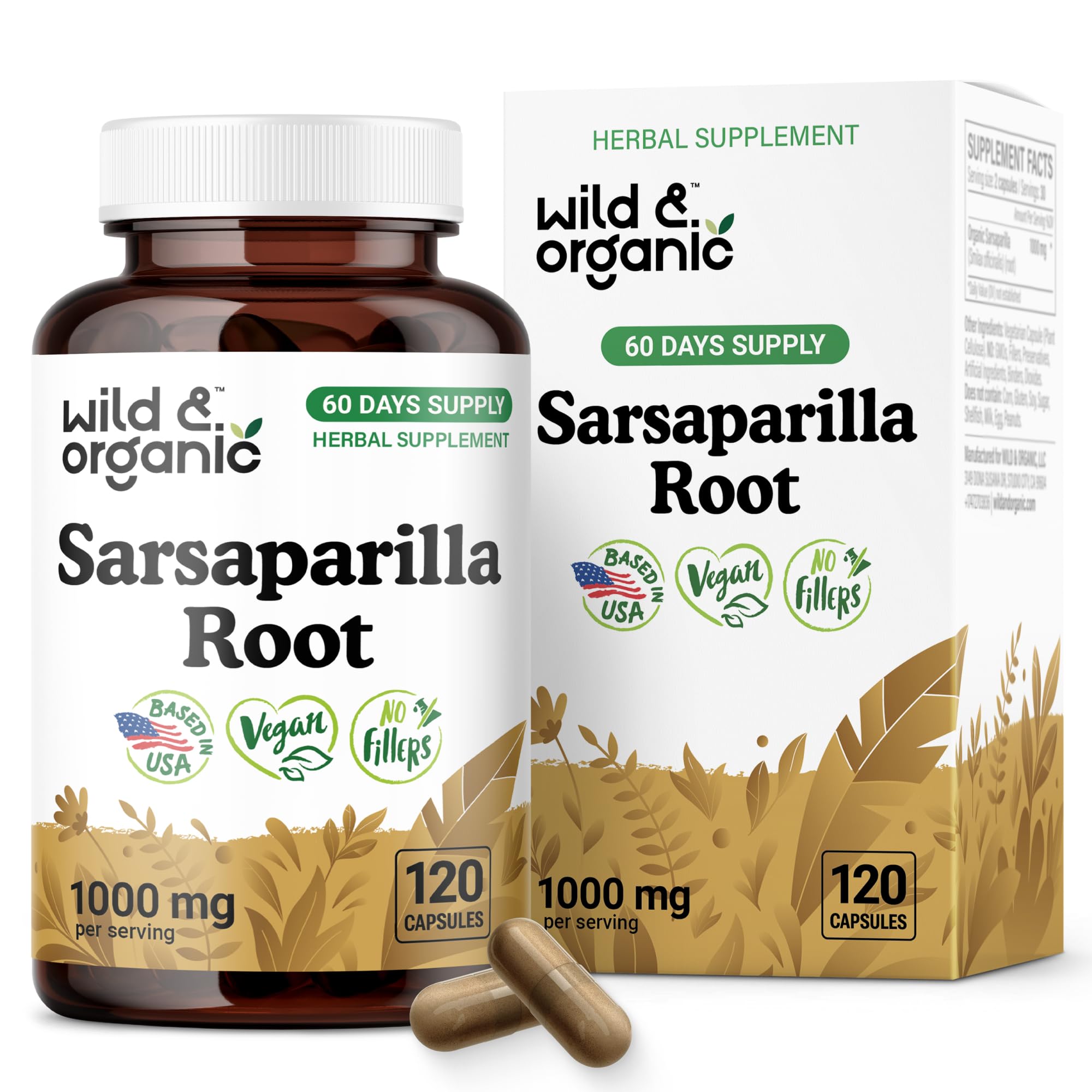 Wild & Organic sarsaparilla capsules label highlighting vegan, non-GMO skin support.