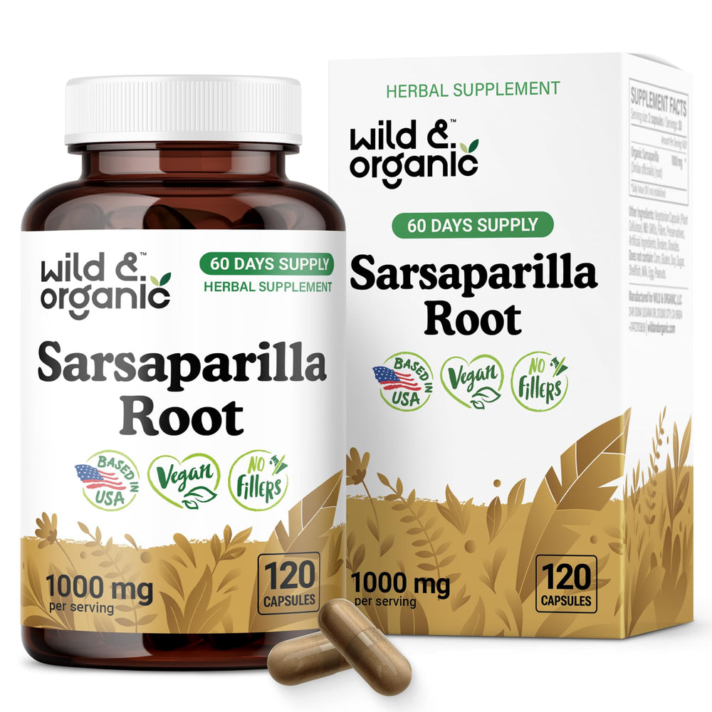 Wild & Organic sarsaparilla capsules label highlighting vegan, non-GMO skin support.
