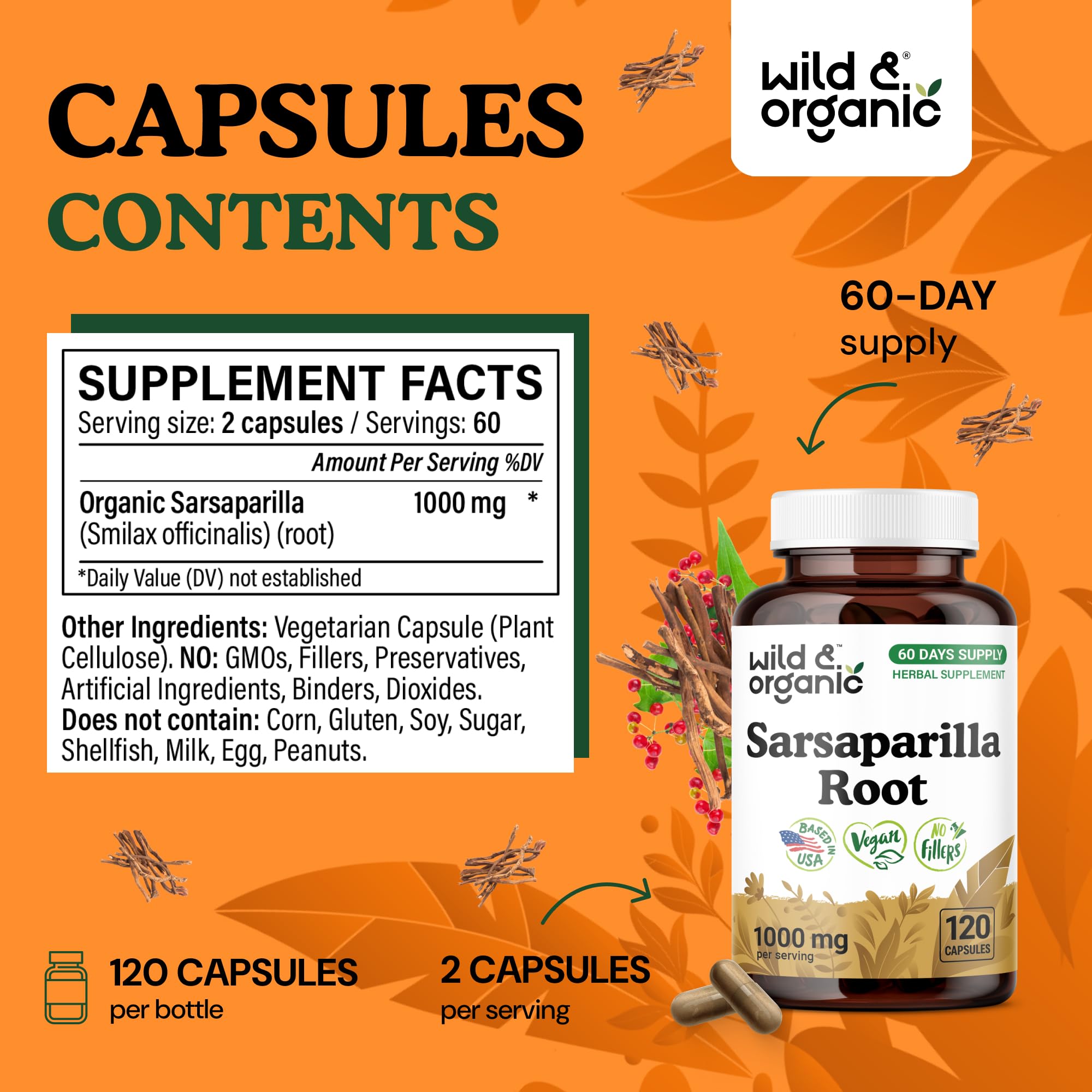 Wild & Organic sarsaparilla capsules being poured for easy daily intake.