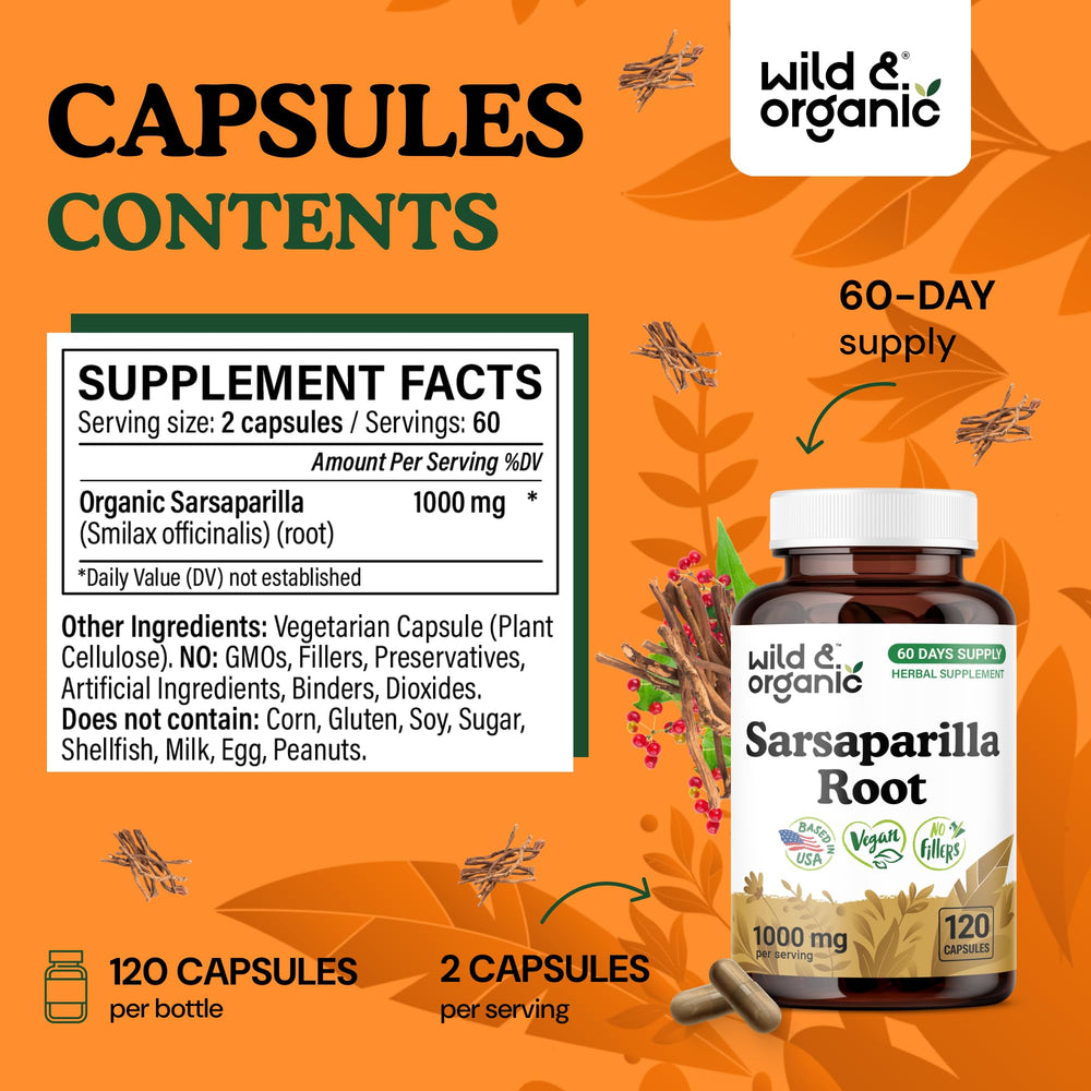 Wild & Organic sarsaparilla capsules being poured for easy daily intake.