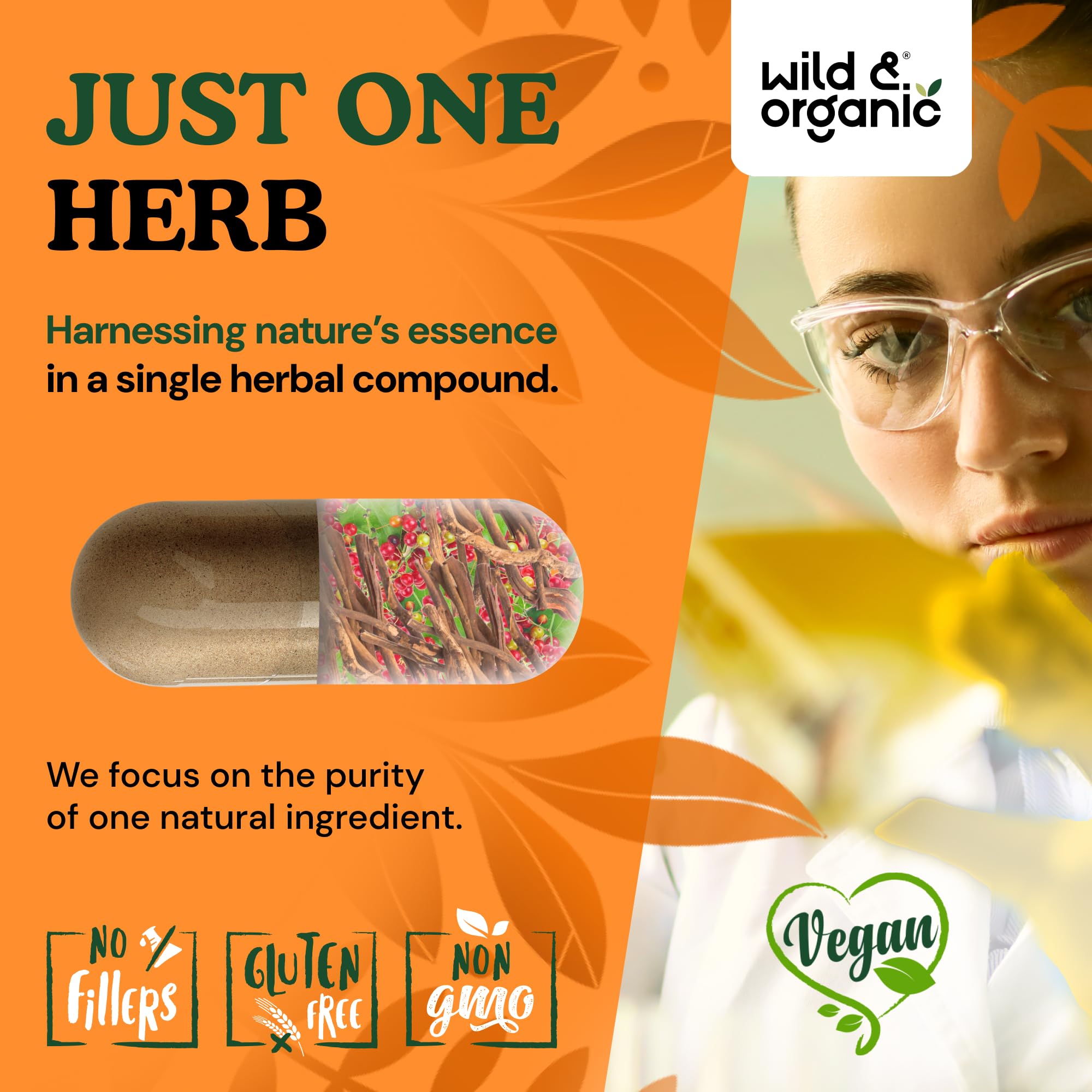 Wild & Organic capsules with vegan coating emphasize plant-based supplement approach.
