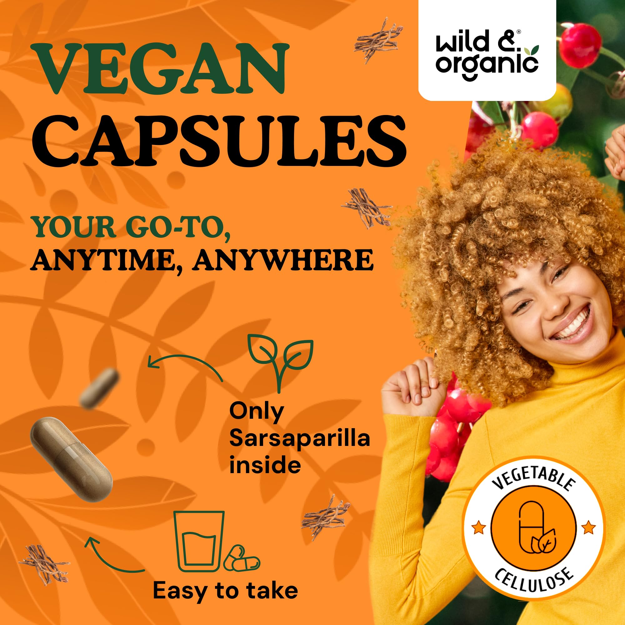 Wild & Organic sarsaparilla root powder close-up reveals natural plant-based formula.