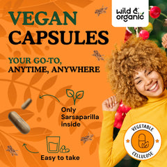 Wild & Organic sarsaparilla root powder close-up reveals natural plant-based formula.