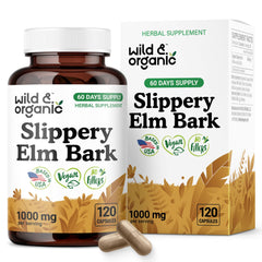 Wild & Organic slippery elm bark capsules bottle offers convenient daily digestive support.