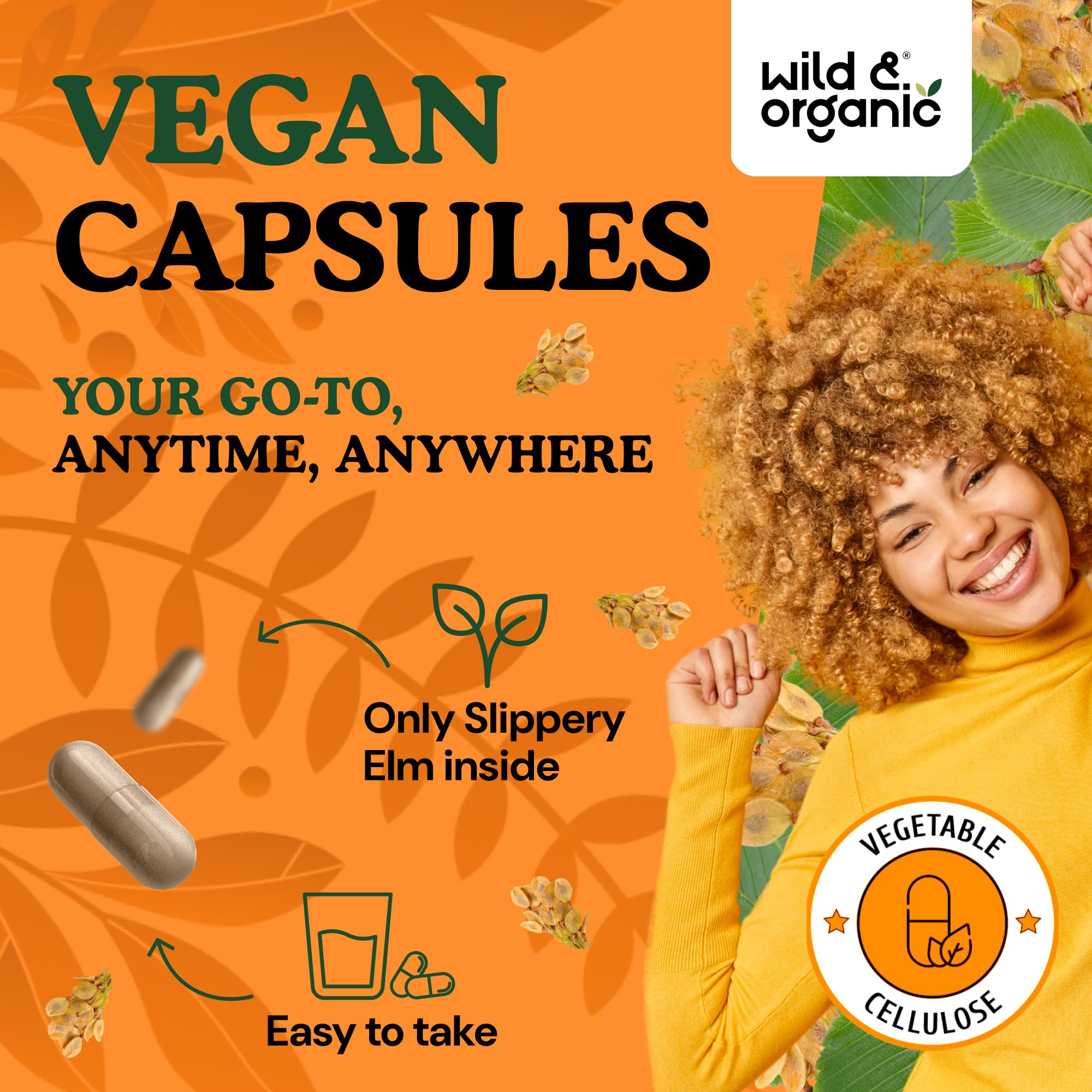 Wild & Organic bottle close-up reveals smooth, easy-to-swallow capsules for daily use.