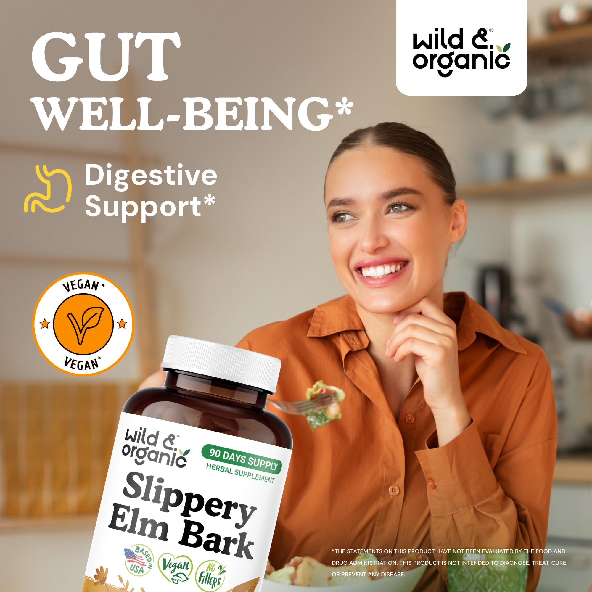 Wild & Organic Slippery Elm Bark Capsules closeup highlights vegan formula