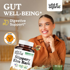 Wild & Organic ingredients illustration highlights natural, vegan formula and non-GMO profile.