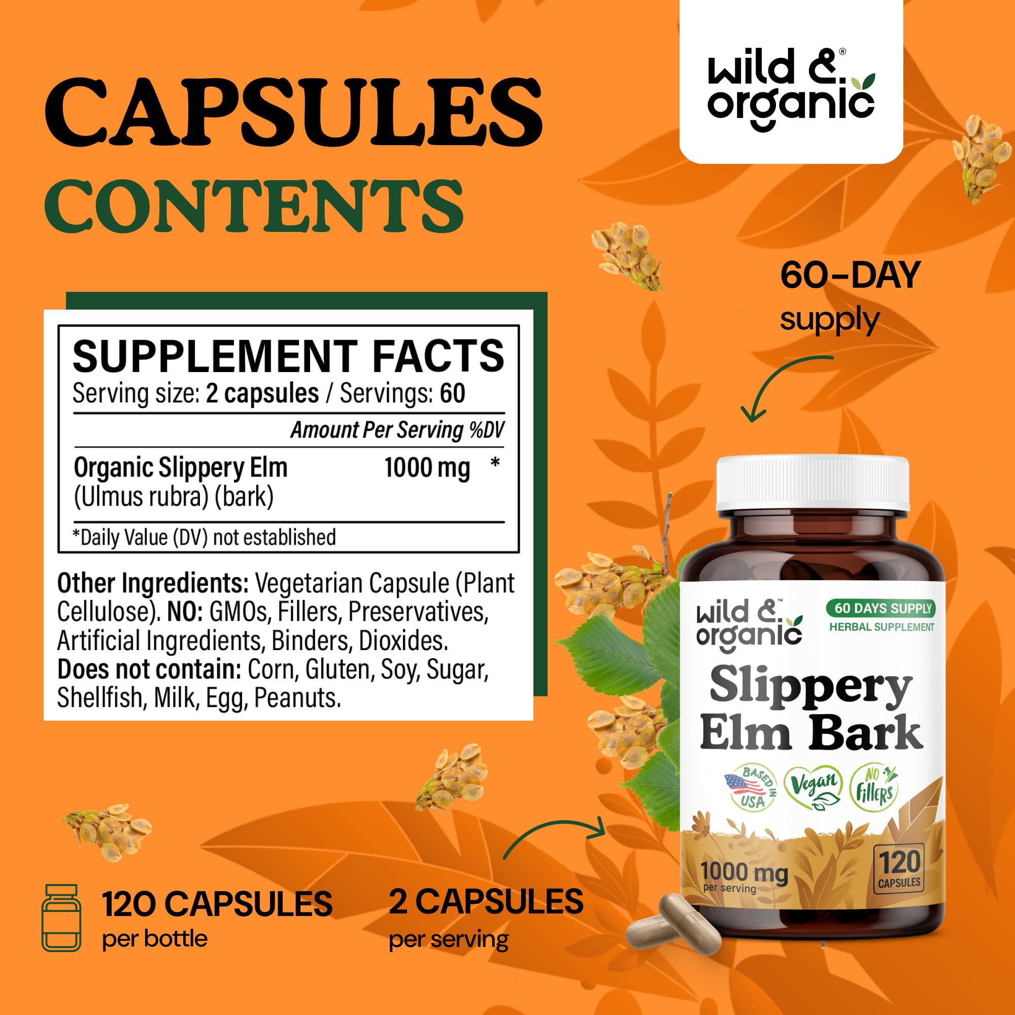 Wild & Organic slippery elm capsules vegan formula shown for daily digestion support.