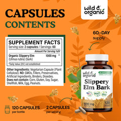 Wild & Organic slippery elm capsules vegan formula shown for daily digestion support.