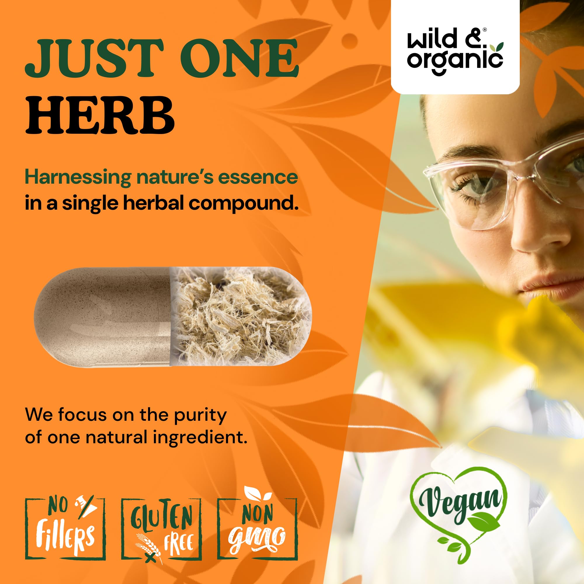 Wild & Organic capsules with vegetable cellulose coating indicate vegan-friendly swallowing.