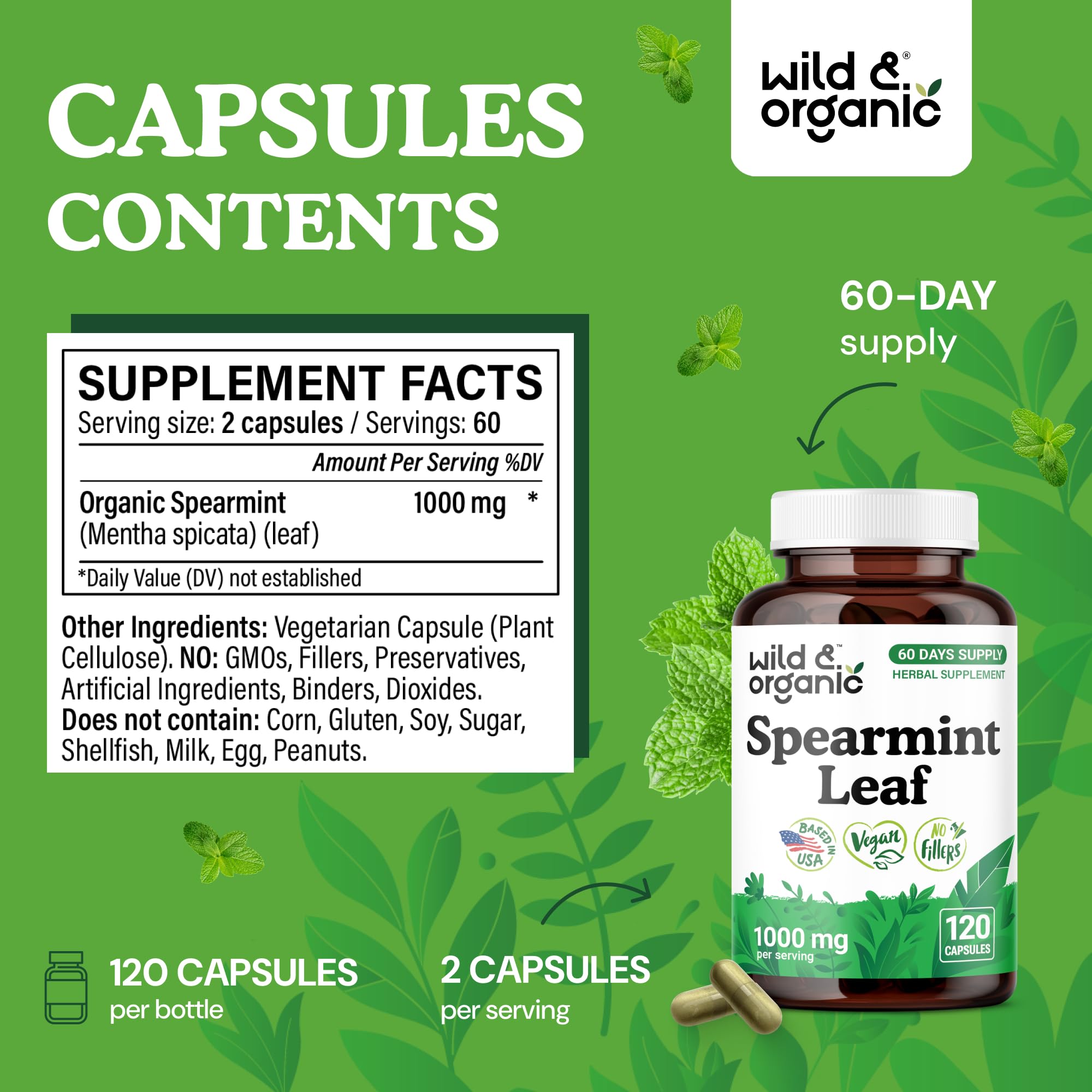 Wild and Organic Spearmint capsules closeup highlighting vegan, plant-based formula