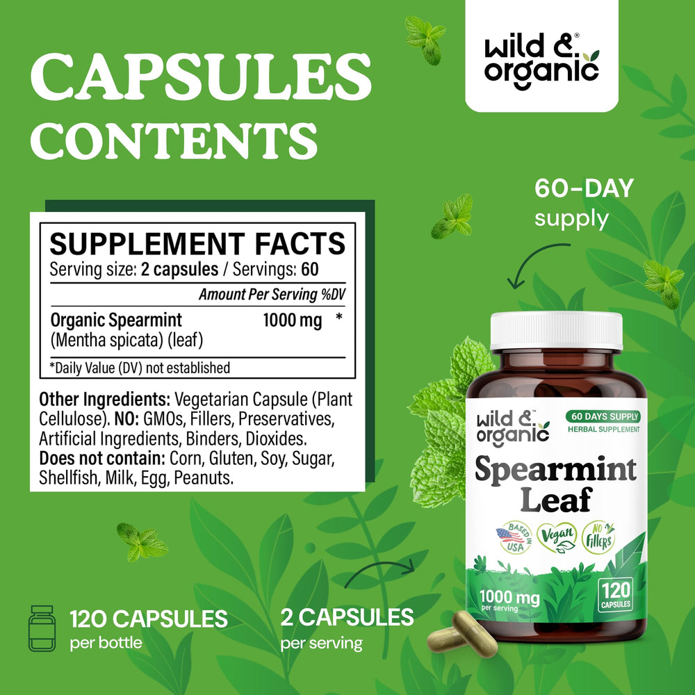 Wild and Organic Spearmint capsules closeup highlighting vegan, plant-based formula