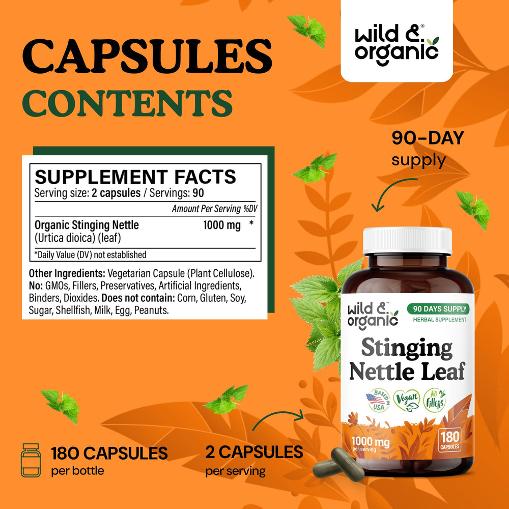 Front label close-up of Wild & Organic nettle capsules showing 1000 mg per serving.