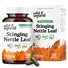Wild & Organic stinging nettle capsules bottle shown for urinary support in daily use