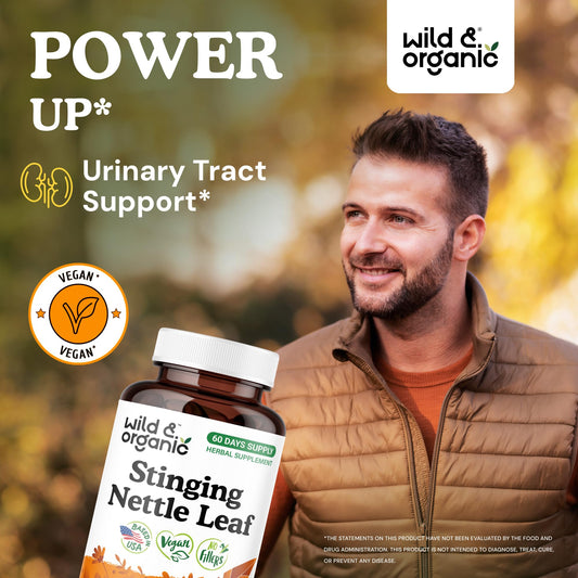 Close-up of Wild & Organic nettle capsules highlighting smooth easy-to-swallow design
