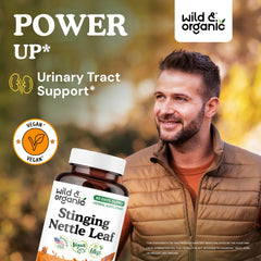 Close-up of Wild & Organic nettle capsules highlighting smooth easy-to-swallow design