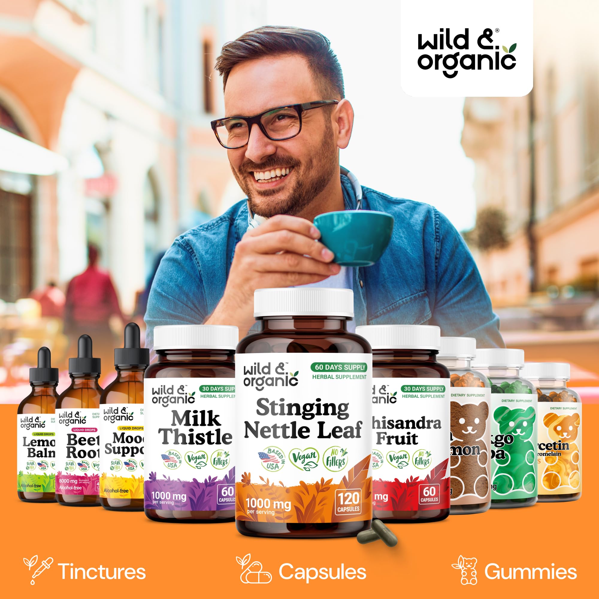 Wild & Organic nettle capsules in hand illustrating easy daily use