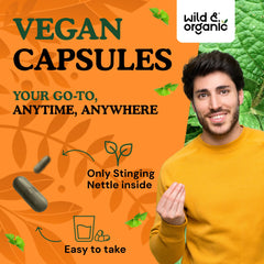 Label close-up of Wild & Organic nettle capsules showing vegan and non-GMO formula
