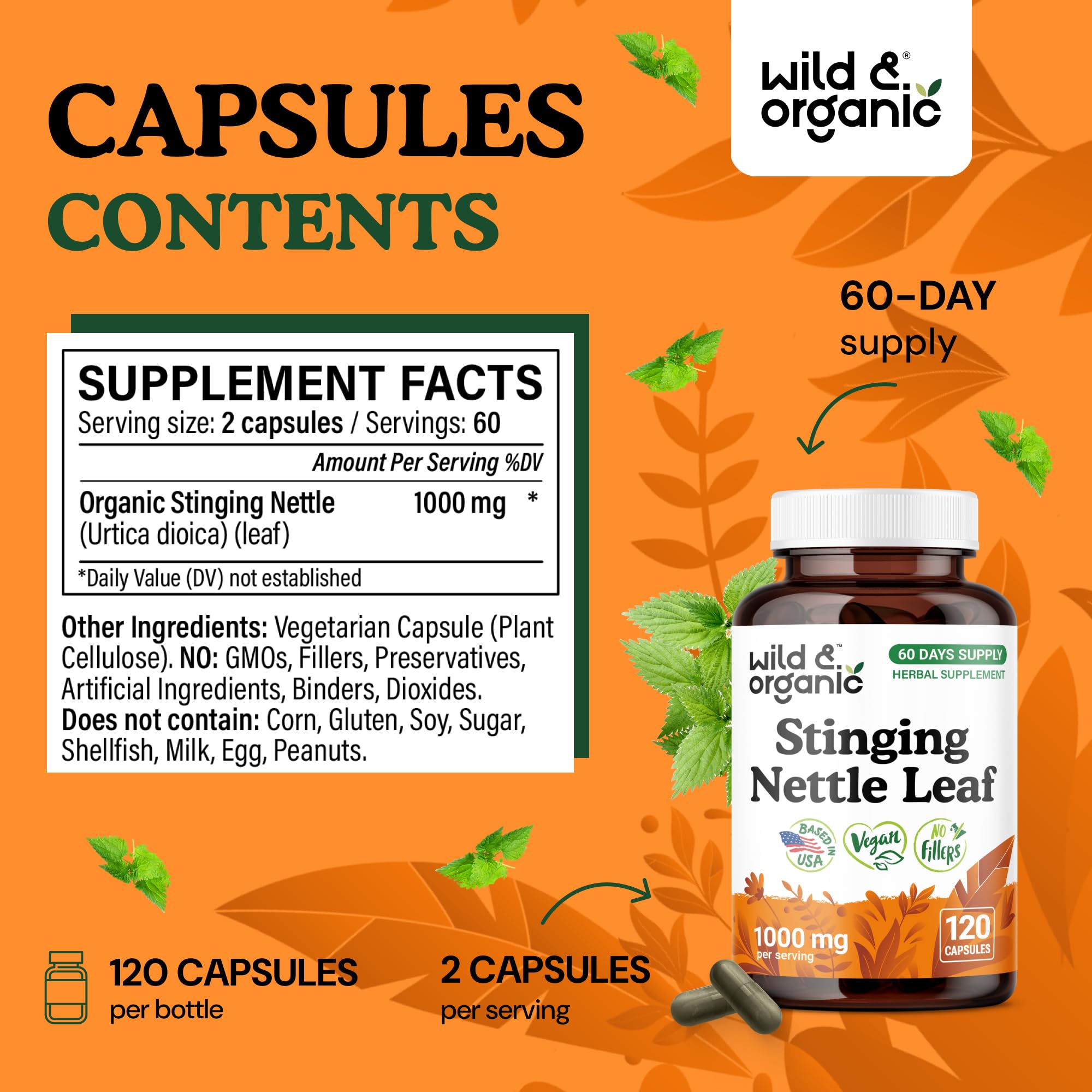 Pouring Wild & Organic stinging nettle capsules demonstrates convenient daily serving