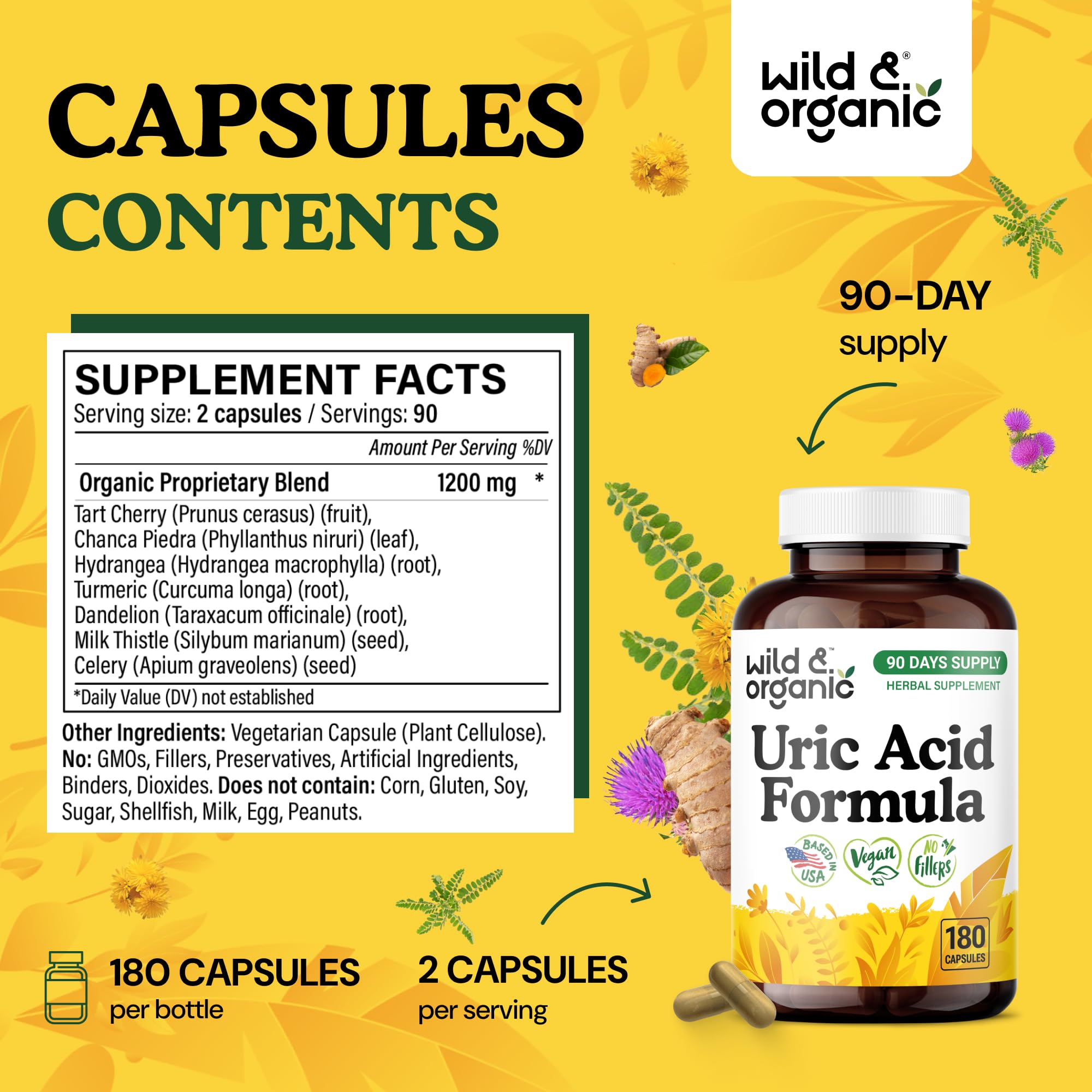 Wild and Organic Uric Acid Formula tart cherry powder detail signals natural antioxidant blend.