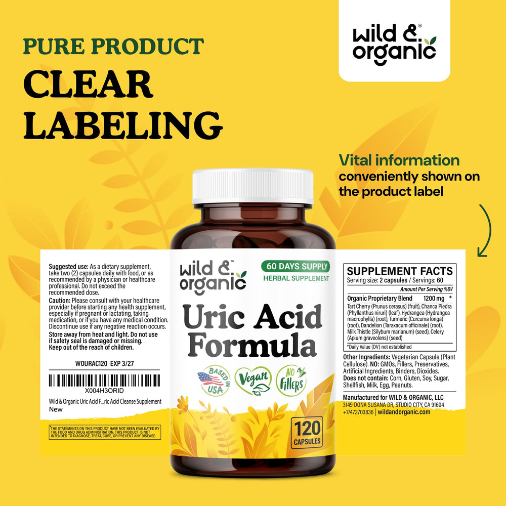 Wild & Organic uric acid formula bottle with 120 capsules
