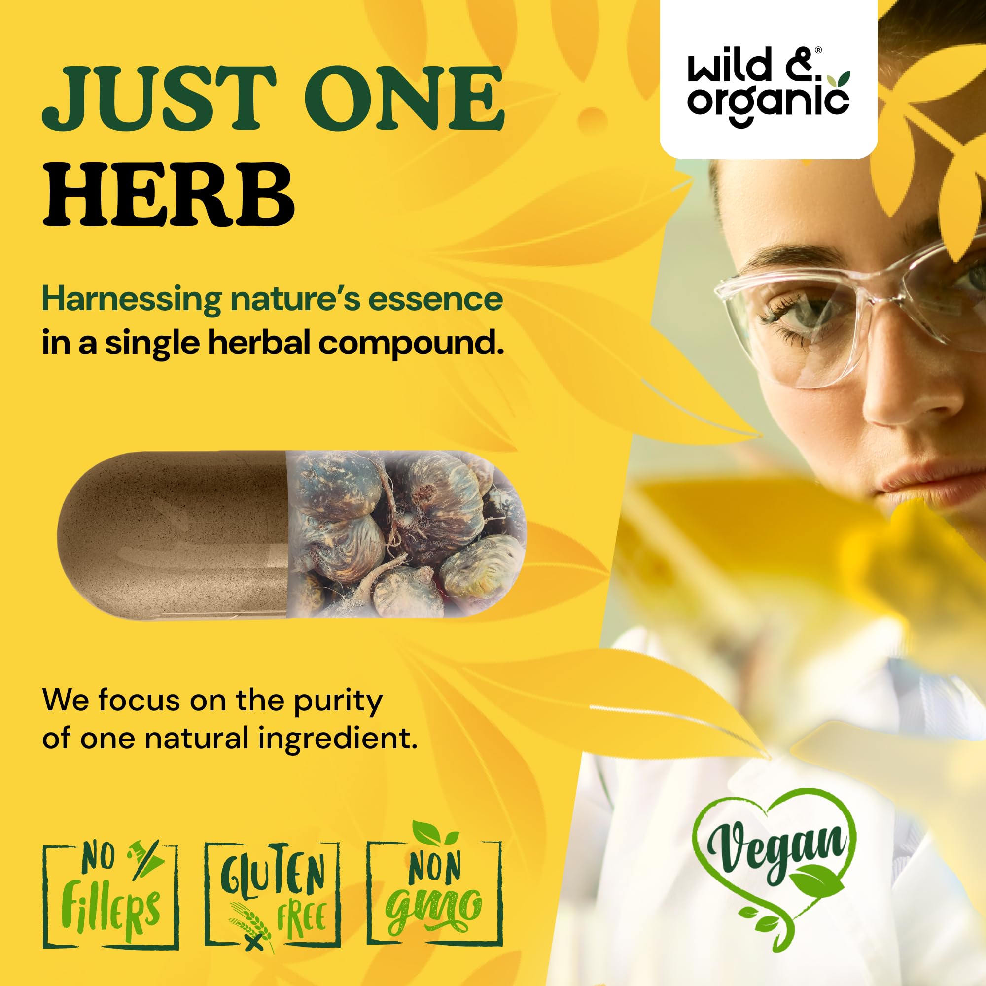 Wild & Organic vegan formula bottle emphasizing plant-based ingredients.