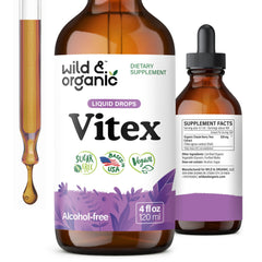 Wild & Organic Vitex tincture bottle for easy daily mood support.