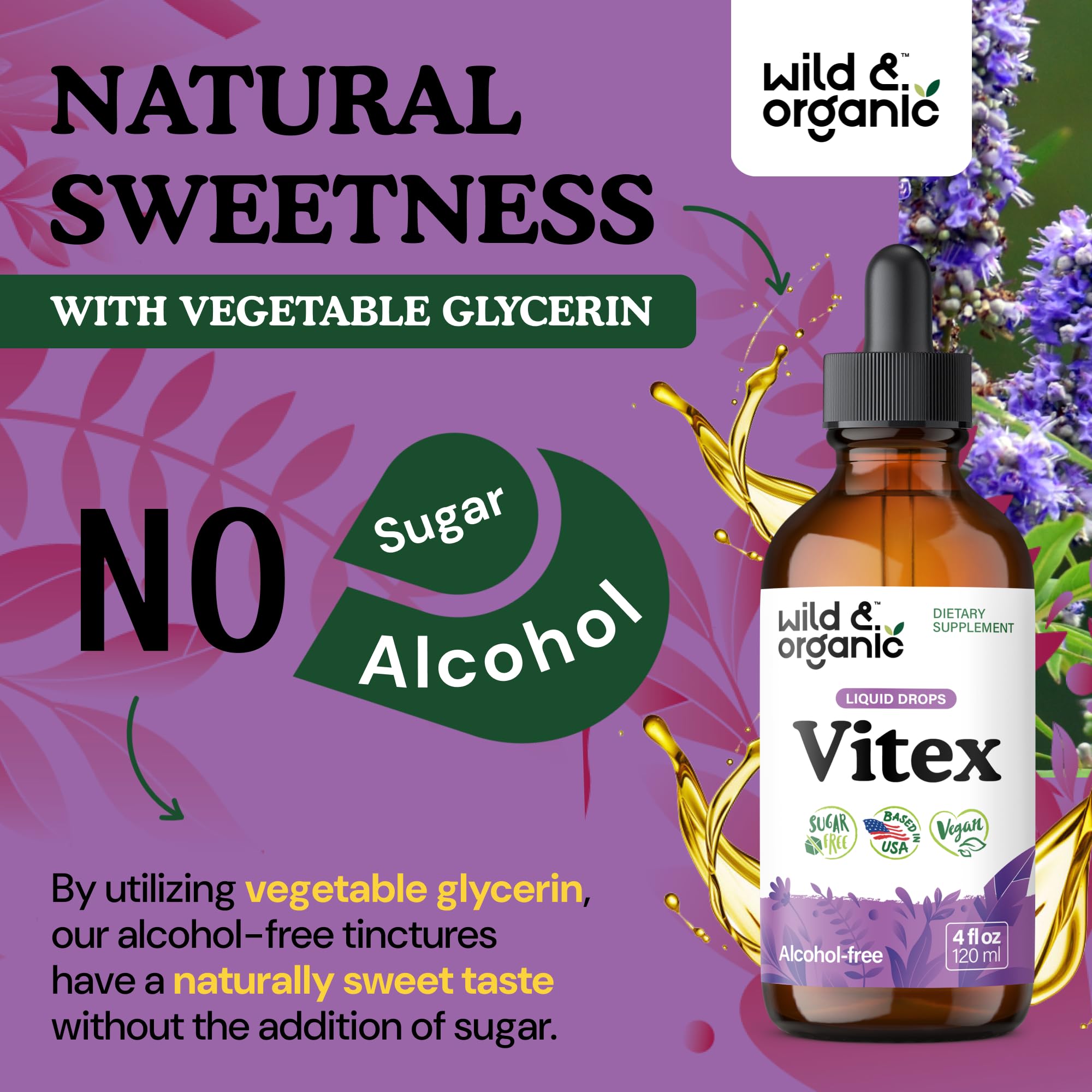 Glass bottle of Wild & Organic Vitex tincture on a neutral surface.