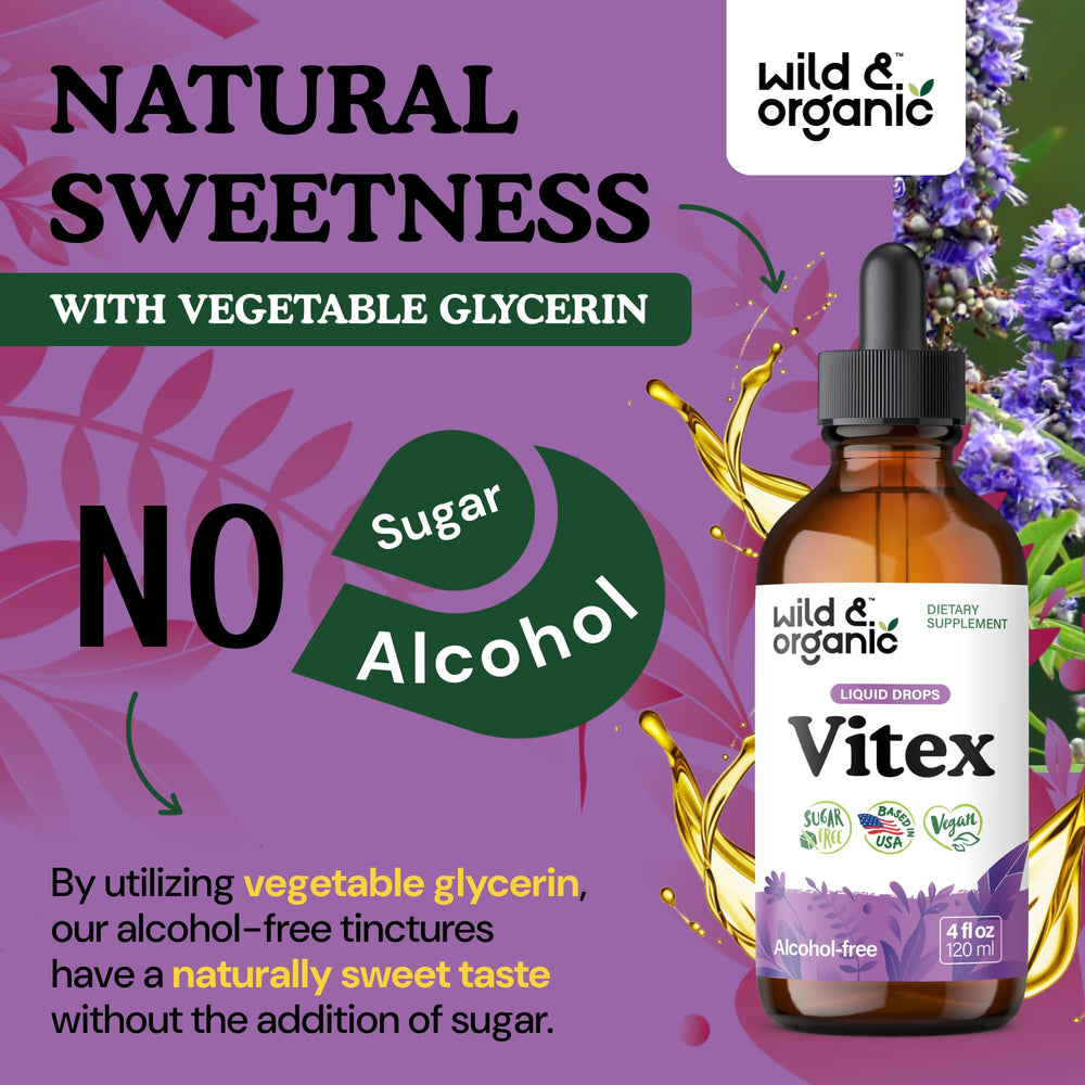 Glass bottle of Wild & Organic Vitex tincture on a neutral surface.