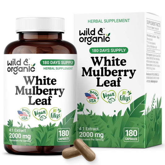 Wild & Organic white mulberry leaf extract bottle supports daily wellness with antioxidants.