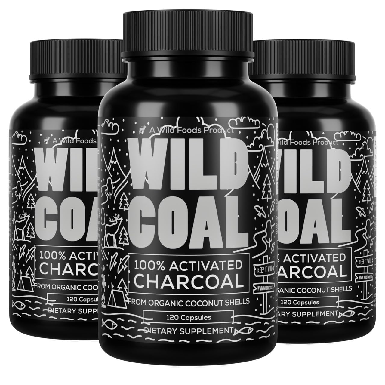 Wild Foods activated charcoal capsules front bottle for convenient detox support.