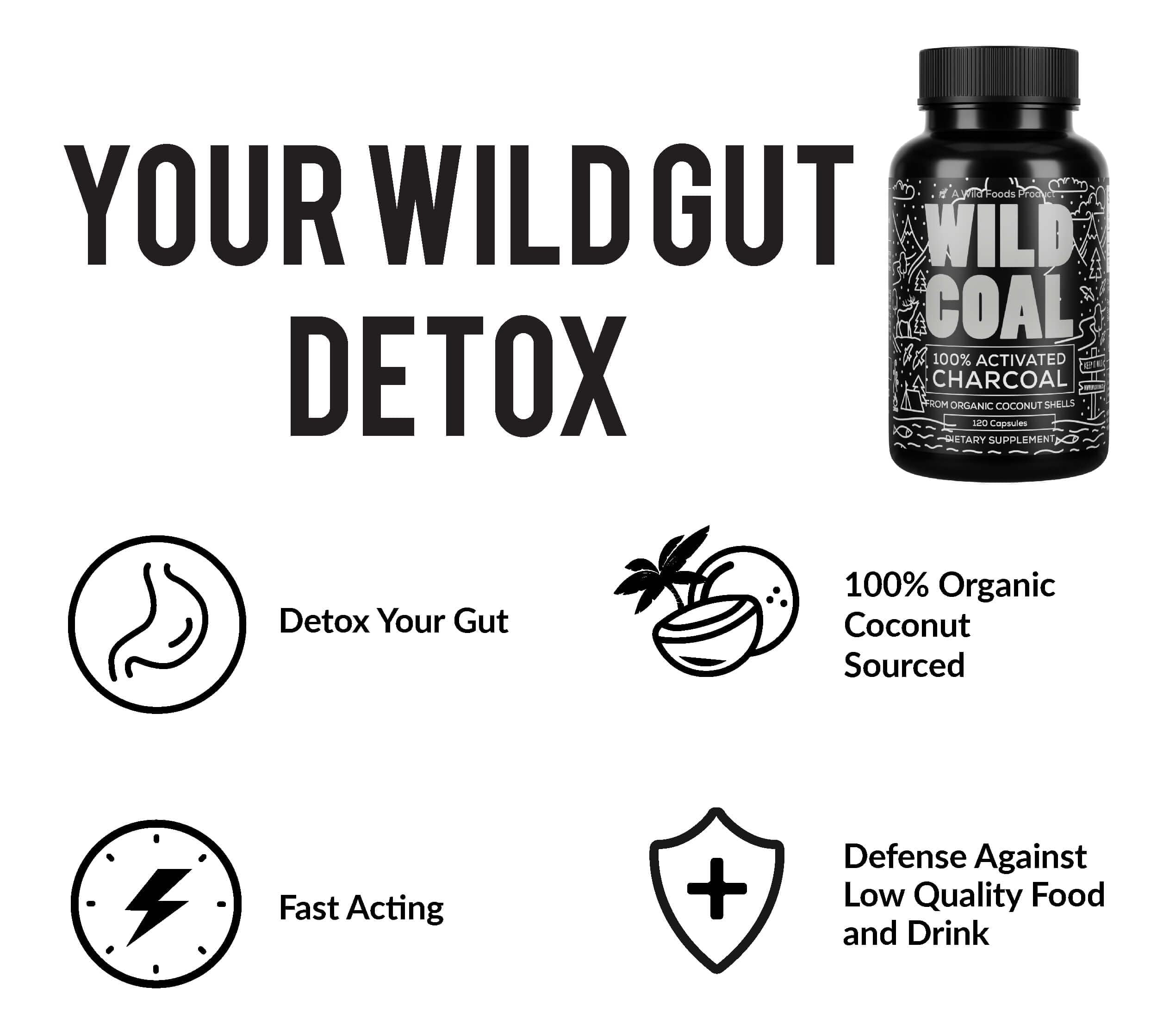 Lab-tested seal on Wild Foods activated charcoal capsules for purity.
