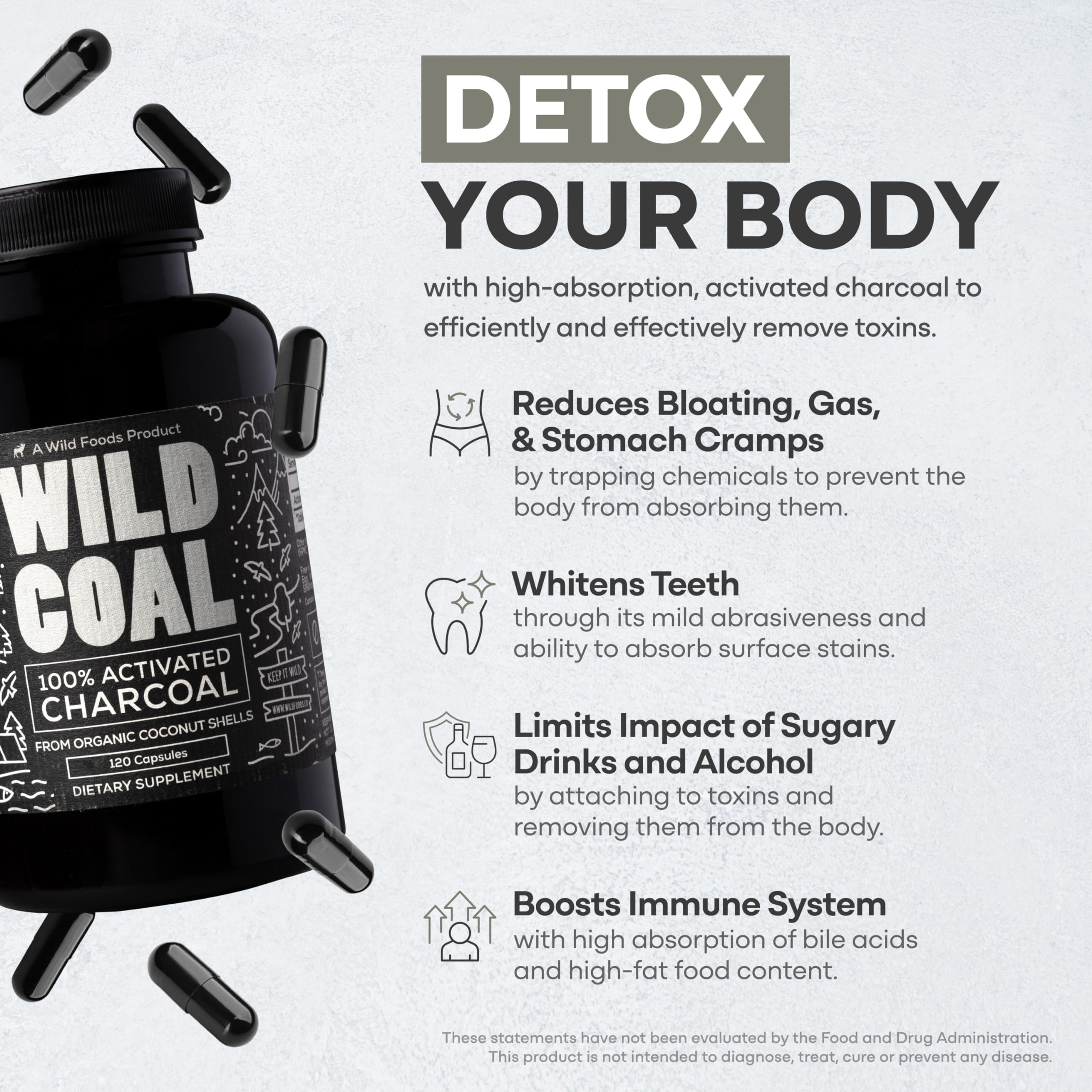 Wild Foods activated charcoal capsules label close-up highlighting coconut-shell charcoal.